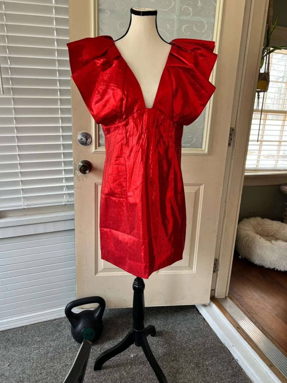 Hyacinth House sz L Tanya mini dress in red metallic with extended ruffle detail